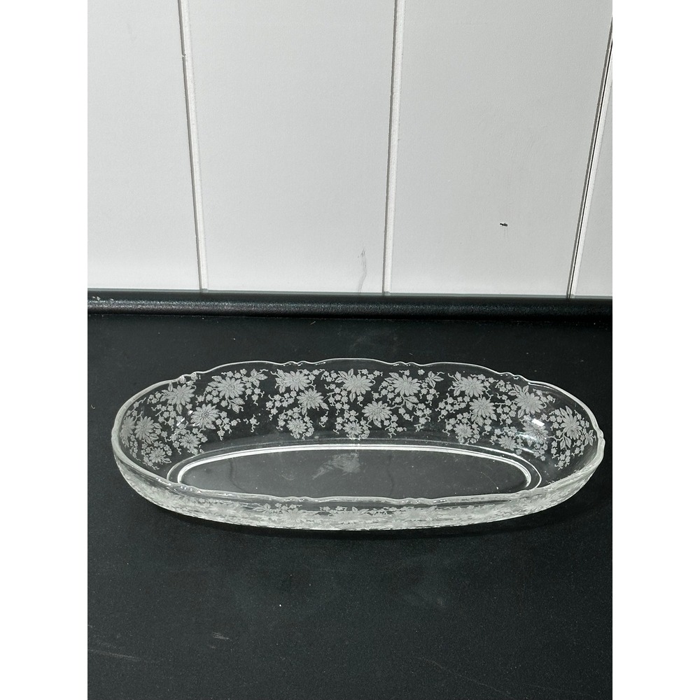 Vintage Clear Glass Etched Floral Oval Bowl Scalloped Rim Serving Dish 12 Inch